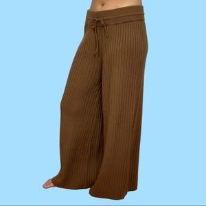 Brown ribbed wide leg knit pants with drawstring